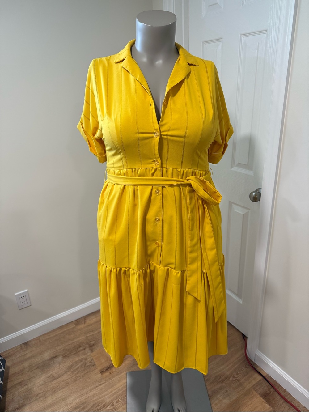 Tahari Bright Yellow Belted Midi Shirt Dress Size 14 - Picture 3 of 8
